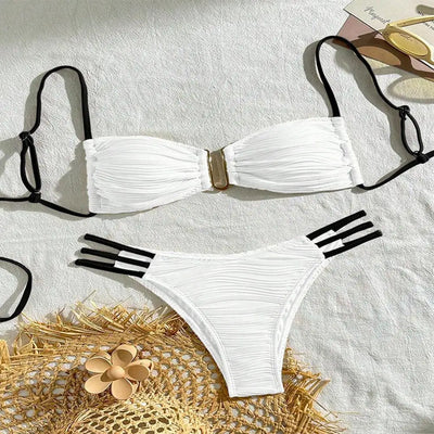 Women Two-piece Trunk Swimsuit Stylish Bandeau Padded Bikini Set Split Swimming Suit Lady Girls Pad Bra Briefs Set Beachwear