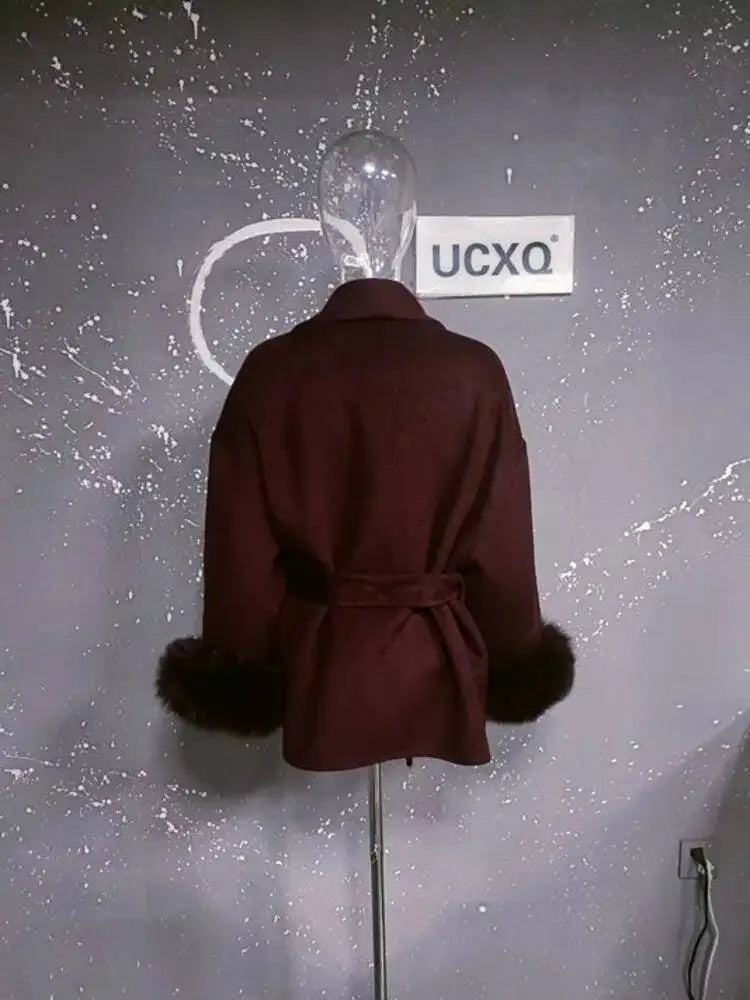 UCXQ Elegant OL Office Lady Overcoats Fur Patchwork Long Sleeve Woolen Coat Beautiful Women's Clothing Jacket Autumn 2025 Winter