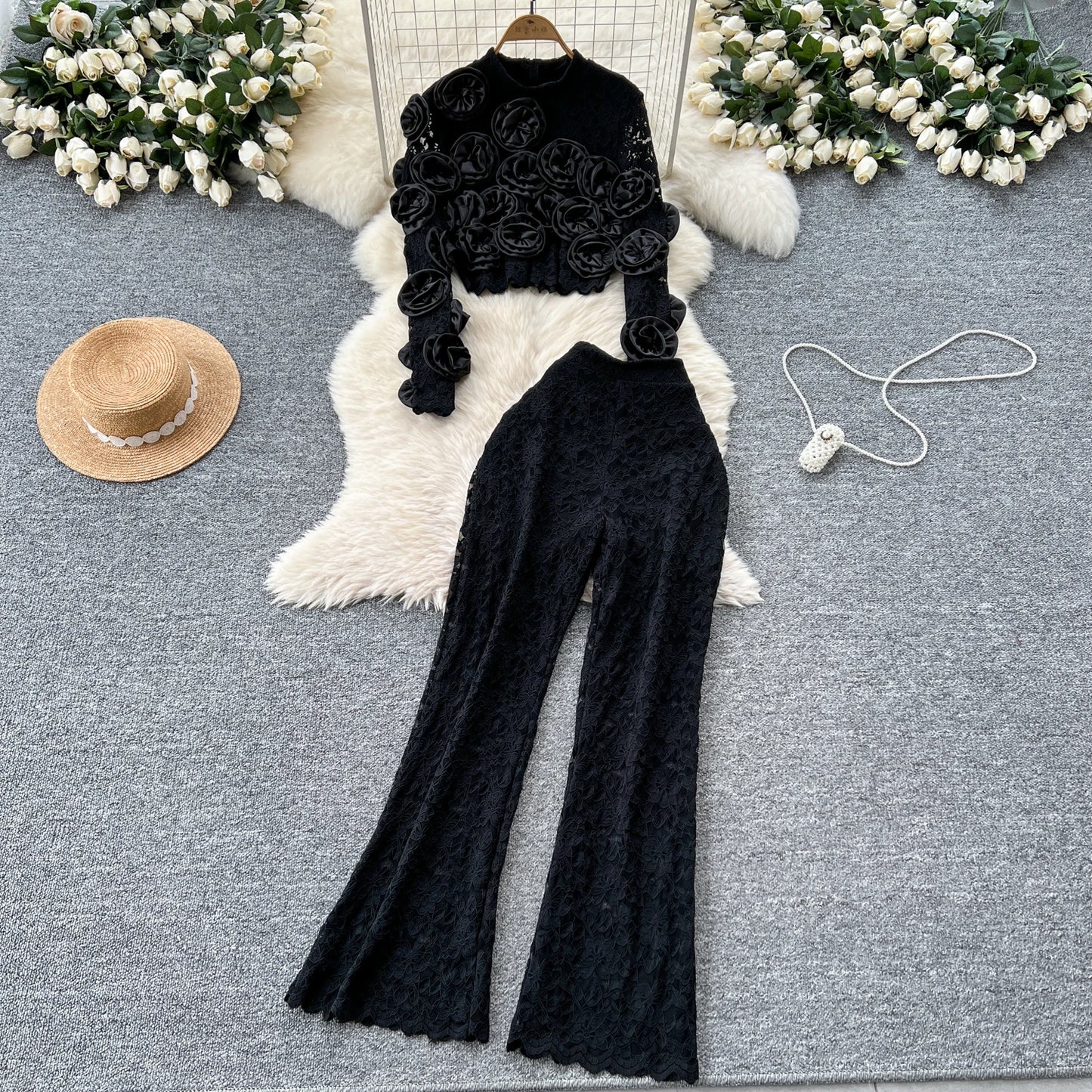 Women  Three-dimensional floral  loose T Shirt Bodycone Tops Female High Street Y2k Tops  Summer Two Piece Set