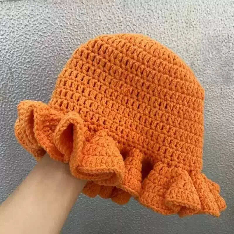 Handmade knitted hat with pleated ruffle edges and lace for both men and women, quirky and creative adult hat