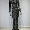Festival Outfit Women High End Fashion Nude Color Rhinestone Mesh Long Sleeve O Neck Crop Top and Long Skirts Gala Two Piece Set