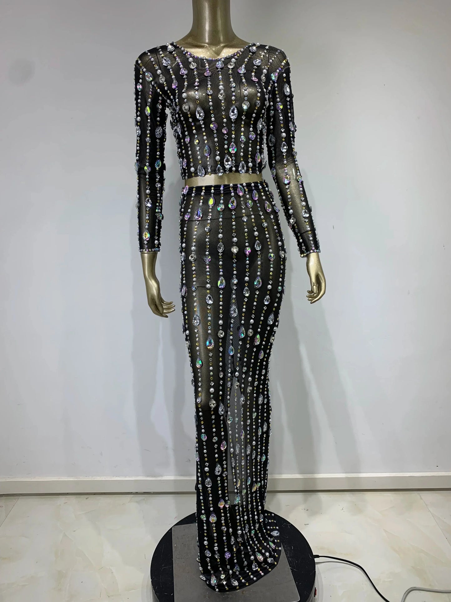 Festival Outfit Women High End Fashion Nude Color Rhinestone Mesh Long Sleeve O Neck Crop Top and Long Skirts Gala Two Piece Set