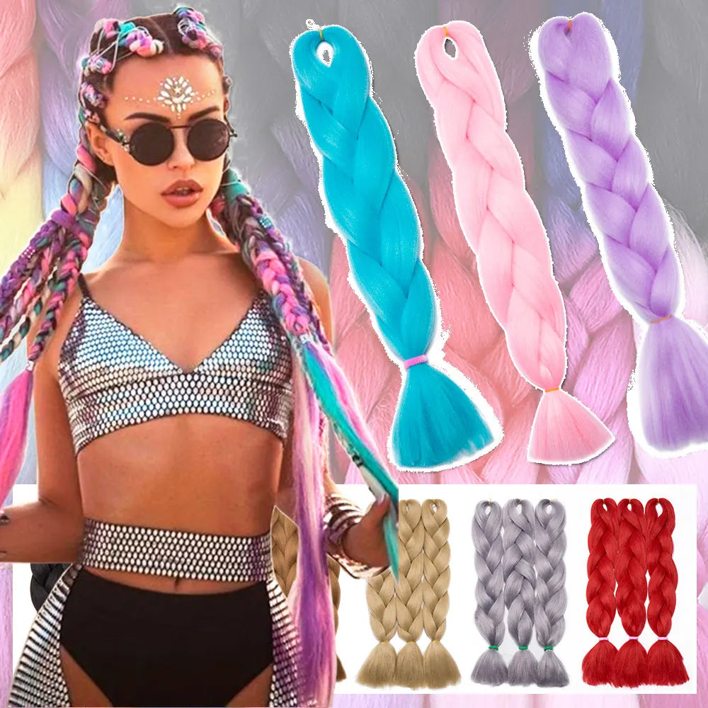 S-noilite Box Braiding Hair Pre Stretched Ombre Jumbo Braids Synthetic Braiding Hair Red Pink Blue Gray 24 Inch Hair Extensions