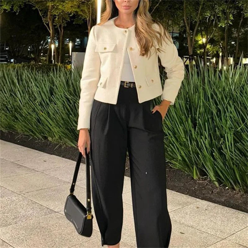 MUJER 2025 Cropped Tweed Jacket Woman Coat Button Long Sleeve Elegant Jackets For Women Short Coats Fashion New In Outerwears