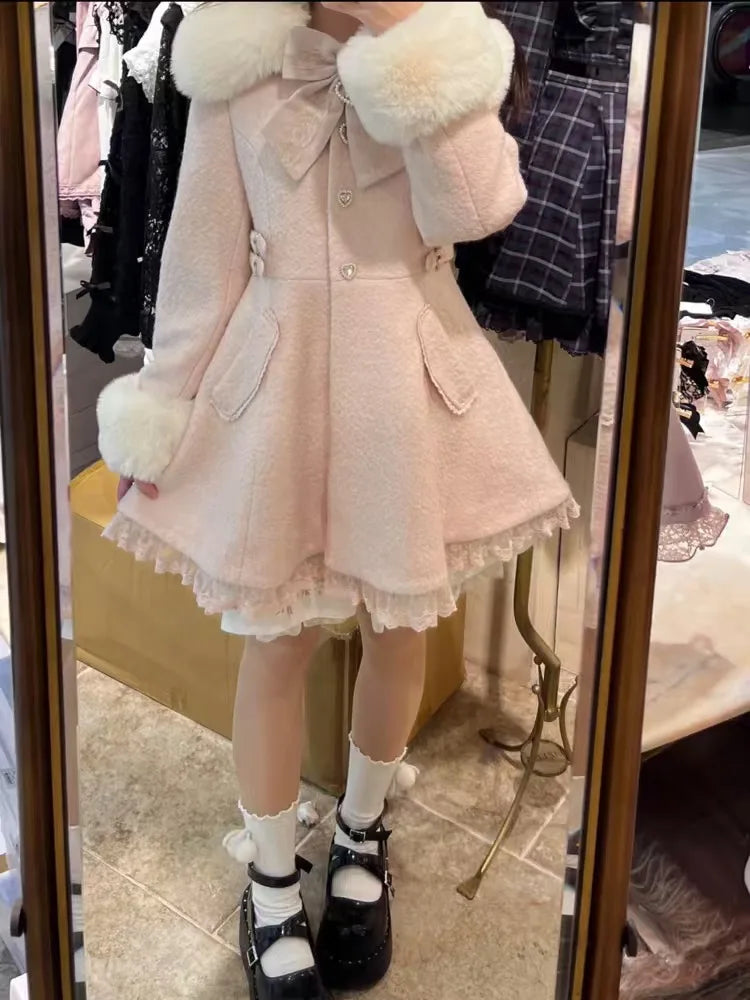 Winter New Japanese Sweet Bow Slim Medium Long Woolen Coat Faux Fur Collar Lolita Girl Women's Pink White Wool Jacket Overcoat