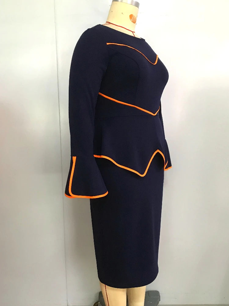 Elegant Women's Office Dress Round Neck Ruffle Edge Long Sleeved Dresses Formal Business Color Blocked Line Workwear New Style