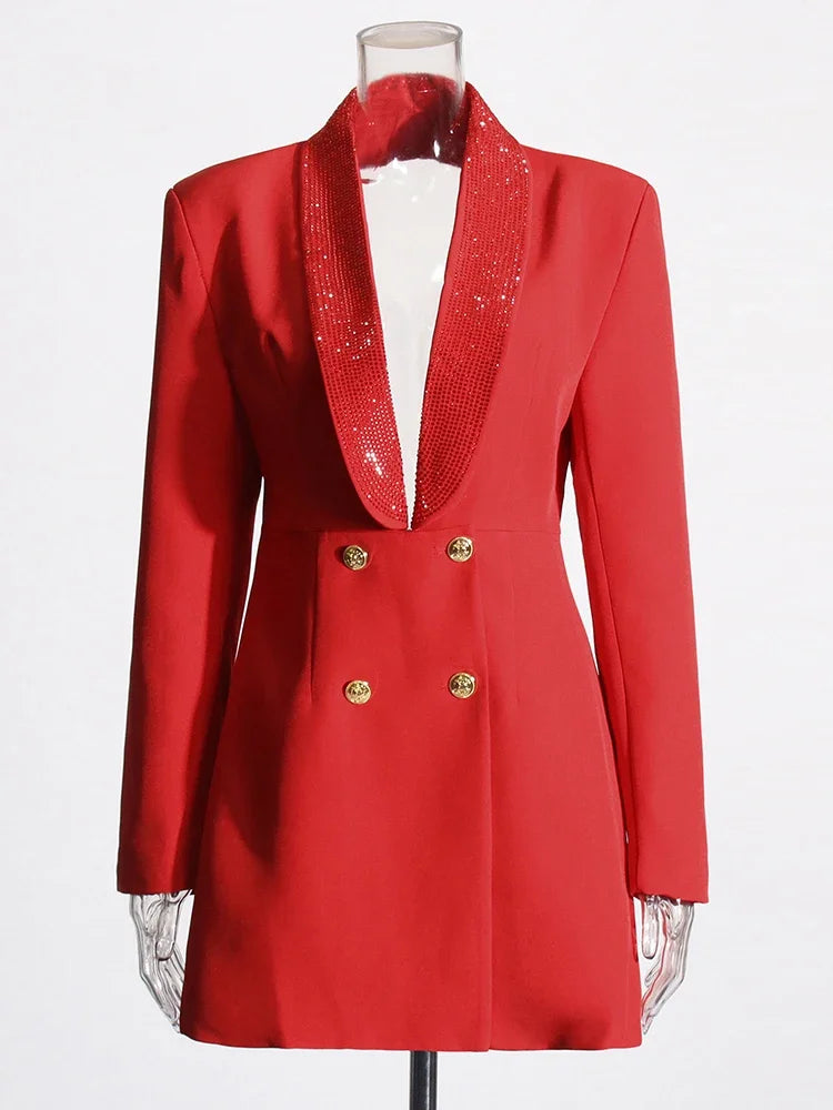 TWOTWINSTYLE Solid Hollow Out Blazer For Women Shawl Collar Long Sleeve Tunic Spliced Button Temperament Blazer Female KJA501707