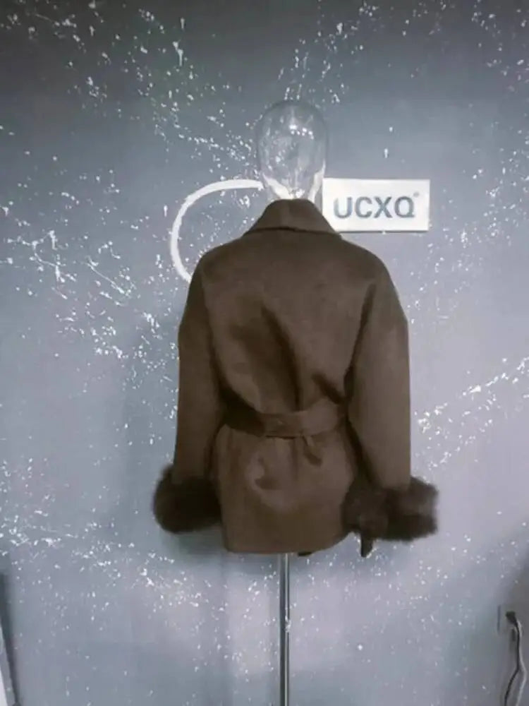 UCXQ Elegant OL Office Lady Overcoats Fur Patchwork Long Sleeve Woolen Coat Beautiful Women's Clothing Jacket Autumn 2025 Winter