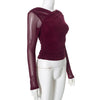 CUTENOVA Chic Design Cross Neck Crop Top Solid Color Mesh See Through Sexy Pleated Long Sleeve Elegant T-Shirt For Women Casual