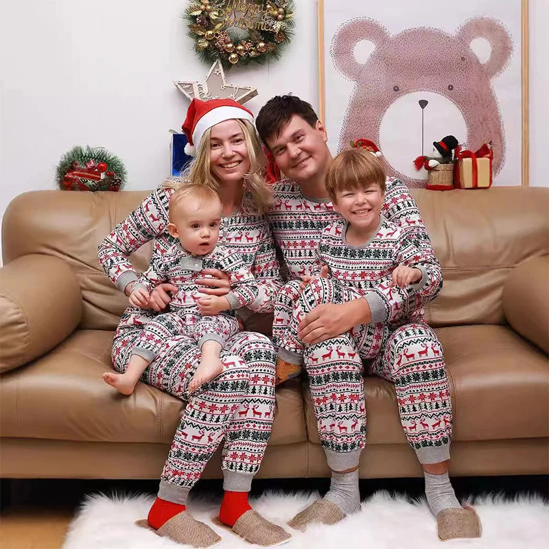 Christmas Family Matching Pajamas Set 2025 Mom Dad Kids Elk Print 2Pcs Clothes Baby Romper Family Look Soft Sleepwear Xmas Gift