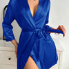 Solid Satin Night Robe Long Sleeve V Neck Robe With Belt Women's Sleepwear