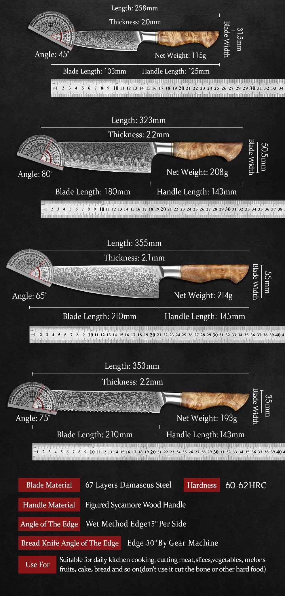 HEZHEN 1-5PC Knife Set Professional Damascus Steel  Chef Santoku Bread Utility Paring Cook Knife For Meat Sharp Kitchen Knife
