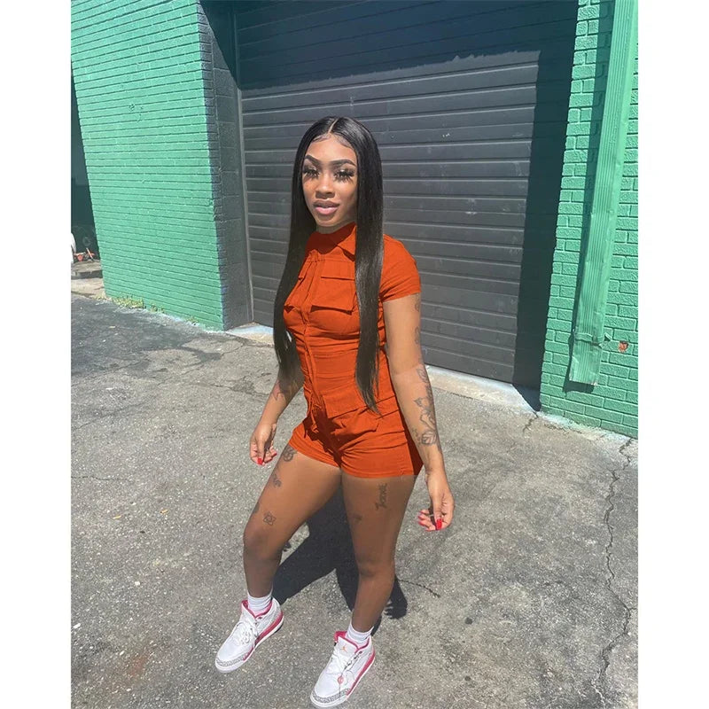Streetwear Zipper Pockets Shorts Jumpsuit Women Clothing Short Sleeve Skinny Cargo Playsuit Summer Casual One Pieces Romper