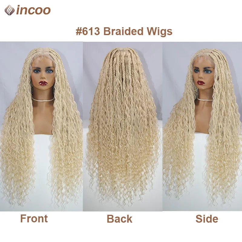 Boho Box Braided Wigs Curly Hair Synthetic Full Lace Front Wigs for Black Women Goddess Locs Braid Wig Bohemian Box Braid Wig