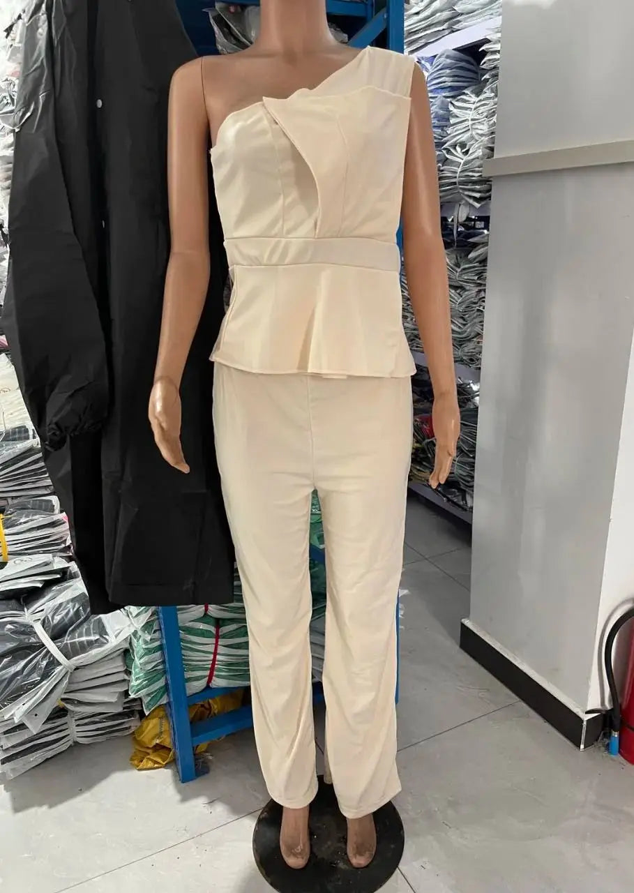 2 Piece Sets Women Outfit Sexy One Shoulder Ruched Top & Casual Straight Leg Pants Suits for Female Spring 2024 Fashion New