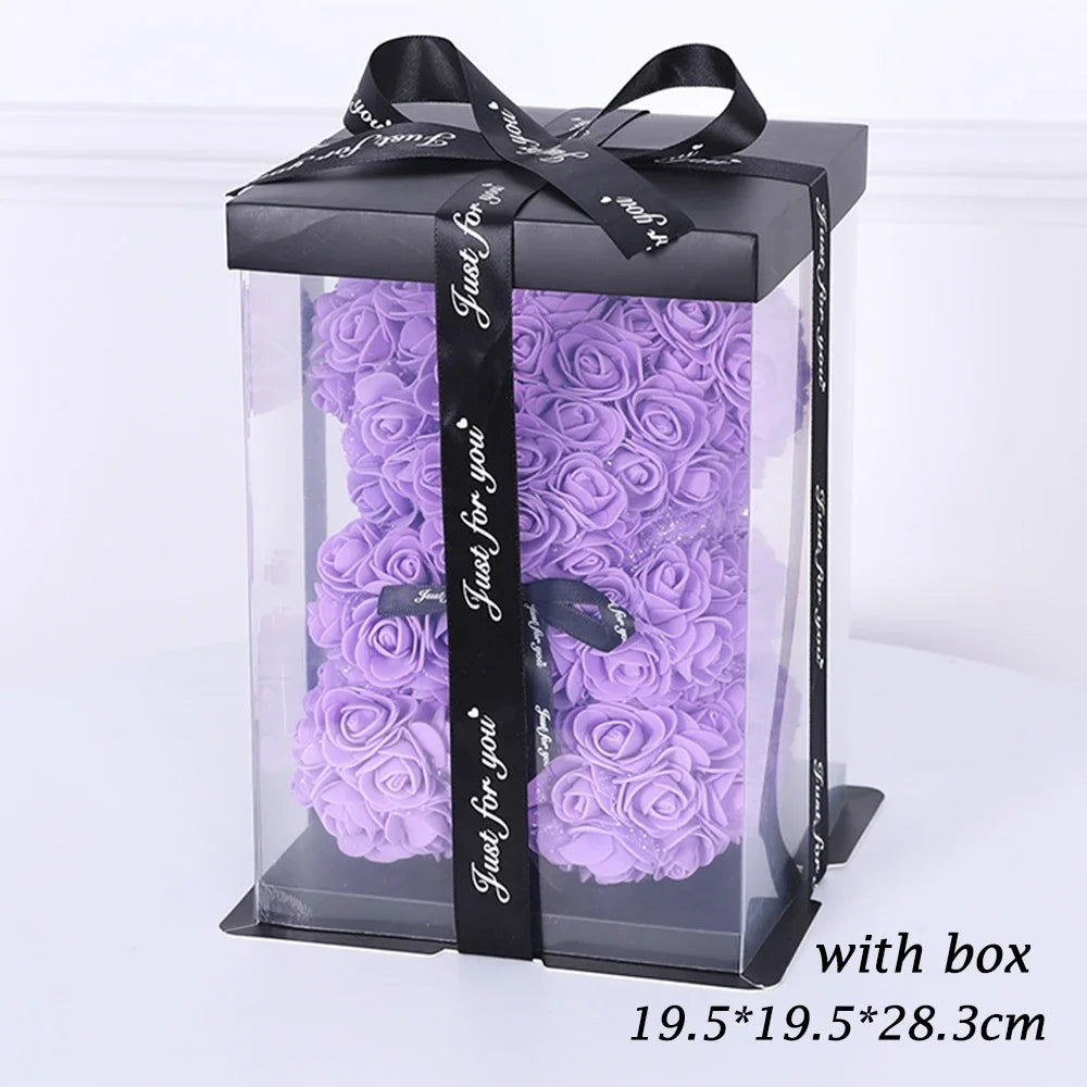 25cm Artificial Teddy Rose Flower Bear with Box Romantic Valentines Day Gift Girlfriend Women Mother Birthday Wedding Party Deco