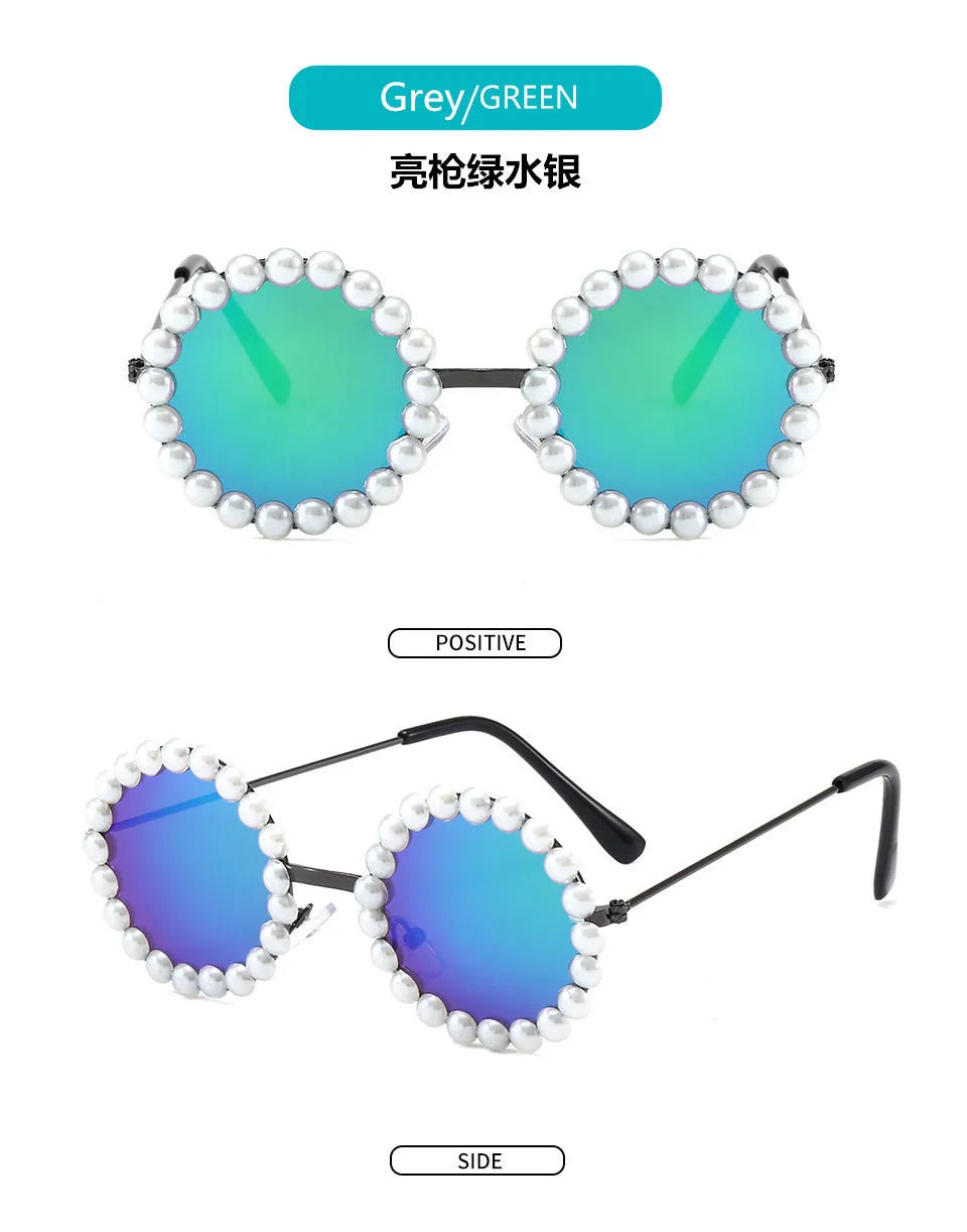 New Children's Circle Form Sunglasses Girl Decorative Pearl Frame Fashion Sun Glasses Cute Baby Outdoor Sunshade Eyewear UV400