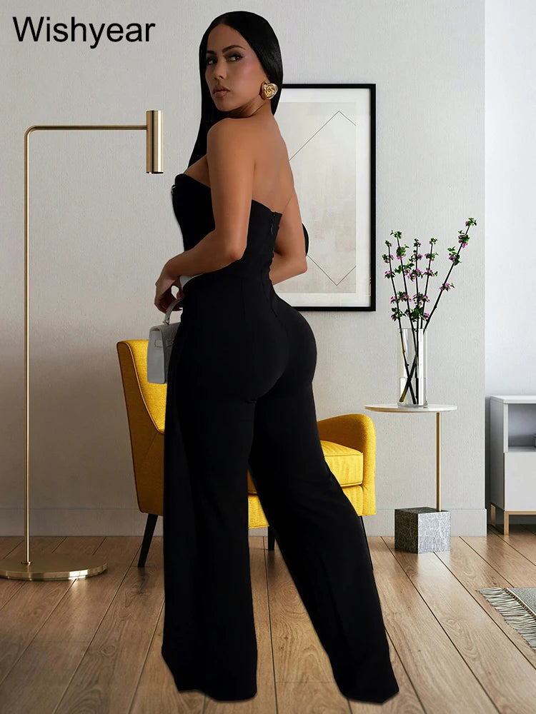 Wishyear Irregular Off Shoulder Sleeveless Strapless Jumpsuits Women Button Patchwork Wide Leg Pants Evening One Piece Outfits