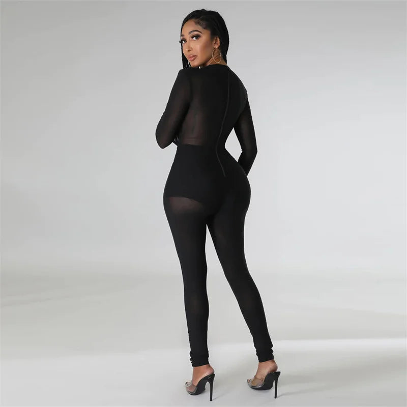 Sexy Mesh Patchwork Sheer Night Club Bodycon Jumpsuit for Women See Through One Piece Rompers Clubwear Party Birthday Outfits