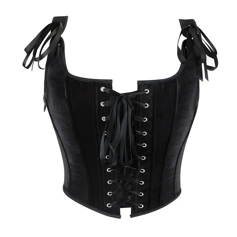 Black Velvet Sexy Overbust Corset Crop Tops Women Front Lace Up Side Zipper Shoulder Strap Bustier Vest Slimming Shaper Camis