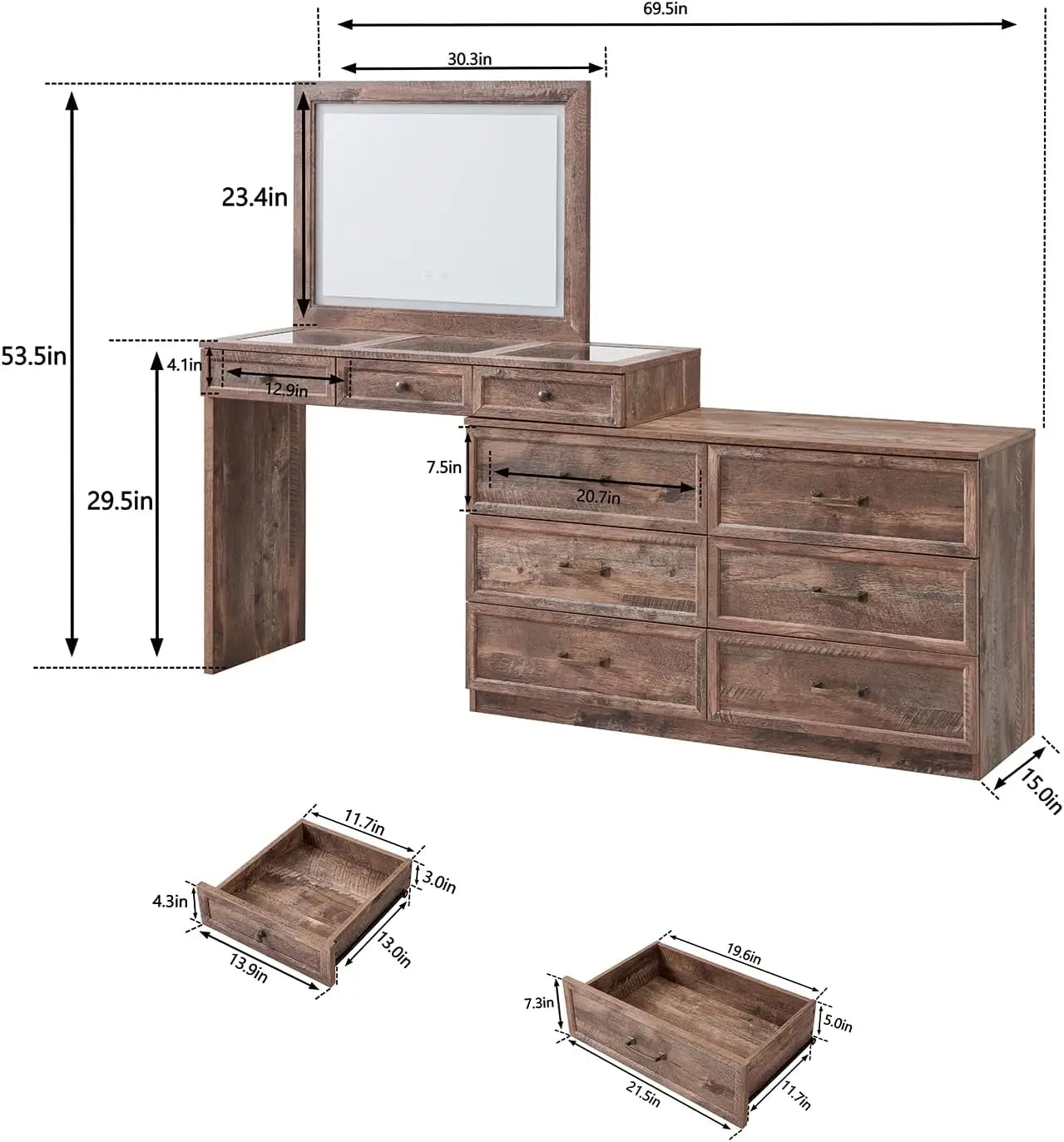 69" W rustic wood bedroom dresser with glass top, 9 large storage drawers, 3 color usable lights and 30 "HD Led mirror