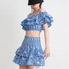 TWOTWINSTYLE Hit Color Print Casual Two Piece Sets For Women Slash Neck Short Sleeve Top High Waist Skirt Summer Set Female New
