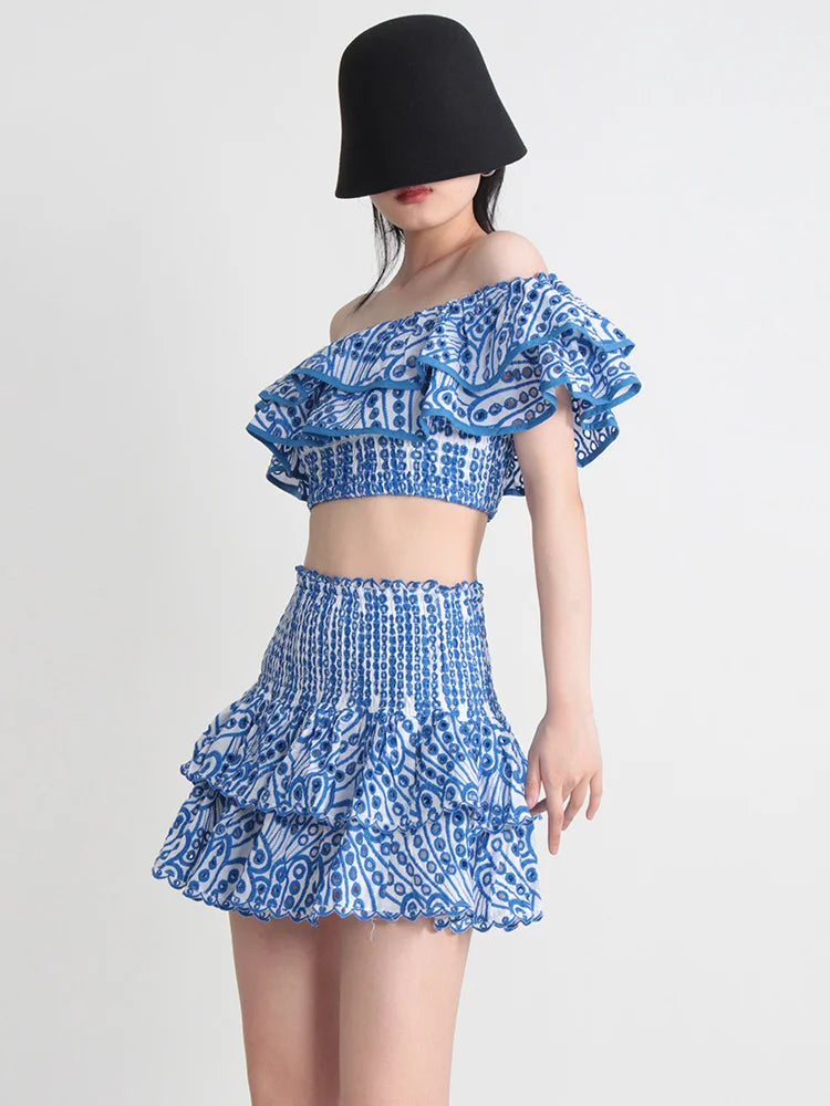 TWOTWINSTYLE Hit Color Print Casual Two Piece Sets For Women Slash Neck Short Sleeve Top High Waist Skirt Summer Set Female New