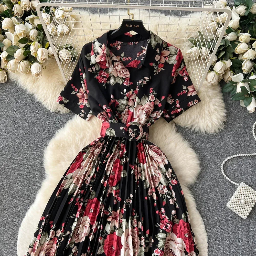 2024 Summer Women Floral Pleated Dress Vintage Turn-Down Collar Short Sleeve Single Breasted Printed Draped Midi Vestidos New