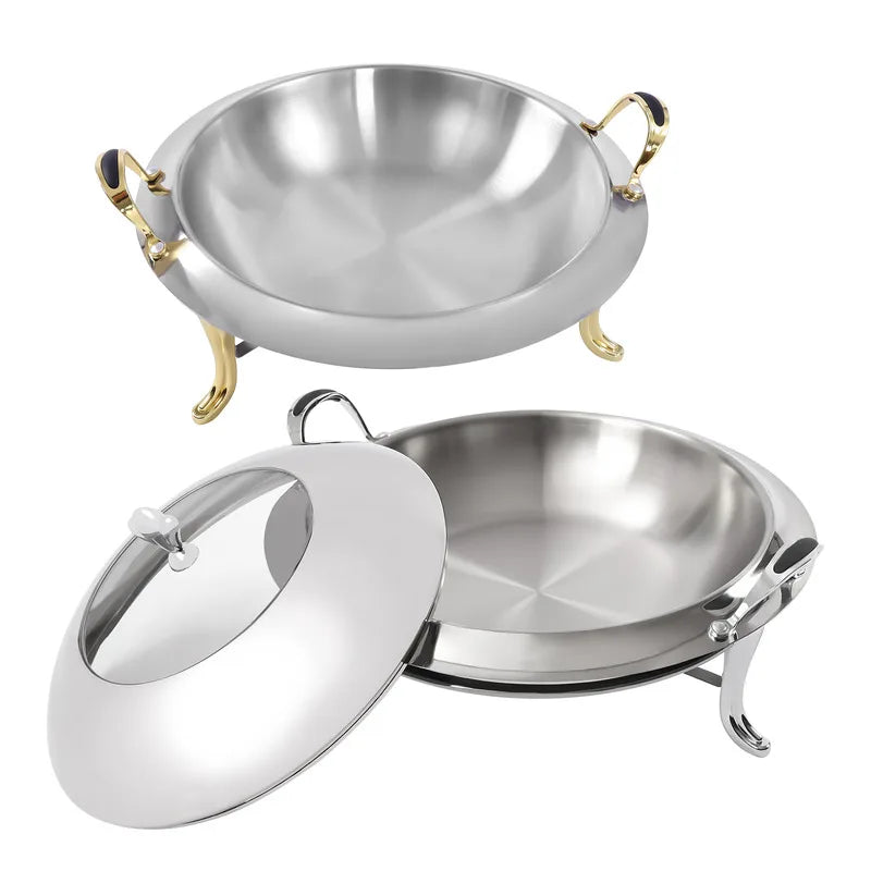 Dish Stainless Steel Cooking Round Buffet Warmer Tray Durable Frame with Lid Fuel Holder Cookware Set
