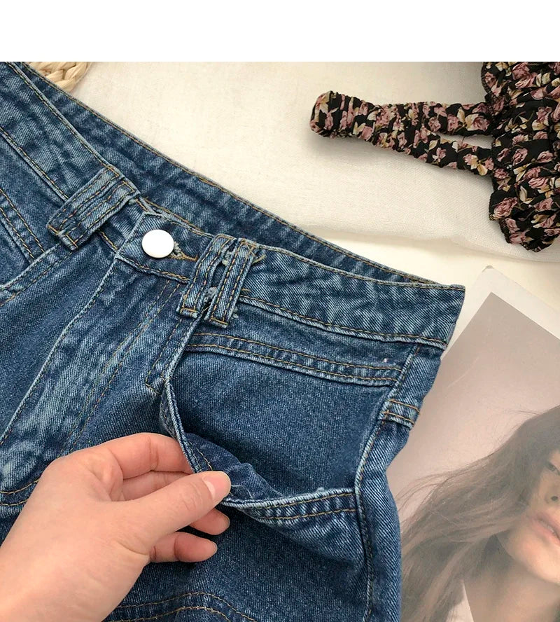ITOOLIN Women Vintage Tassels Denim Shorts Button Loose High Waist A-line Jean Shorts Casual Women Office Trousers Streetwear