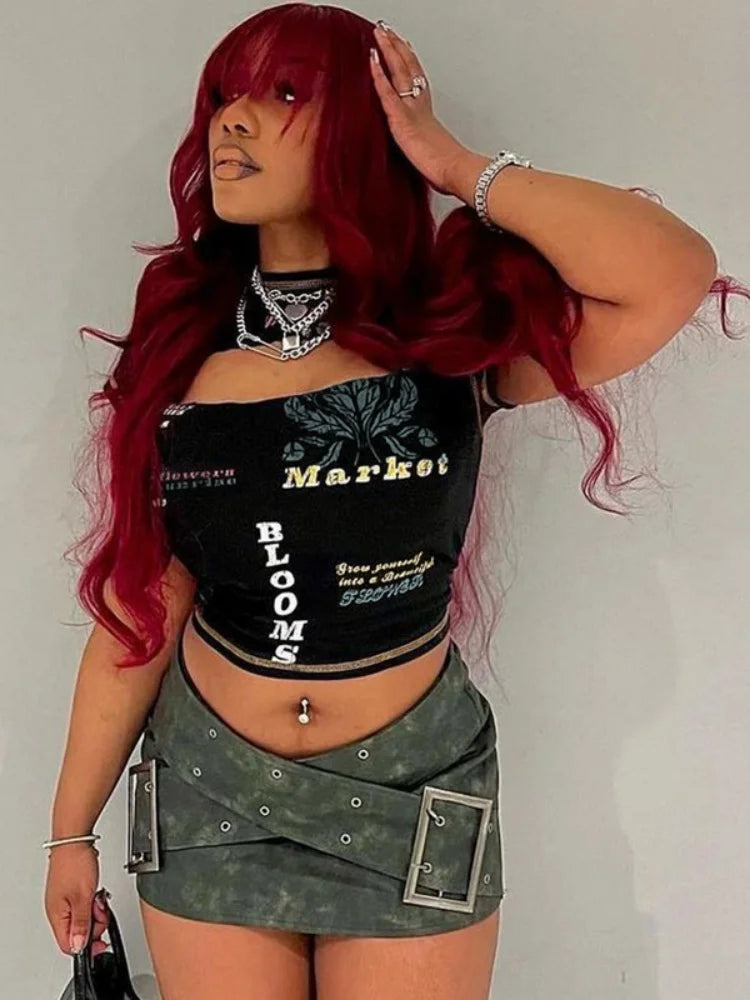 Hollow Out Crop Top Women O-Neck Aesthetic Clothes Letter Printed Y2k Accessories Short Sleeve Roupas Femininas Estilosas Summer