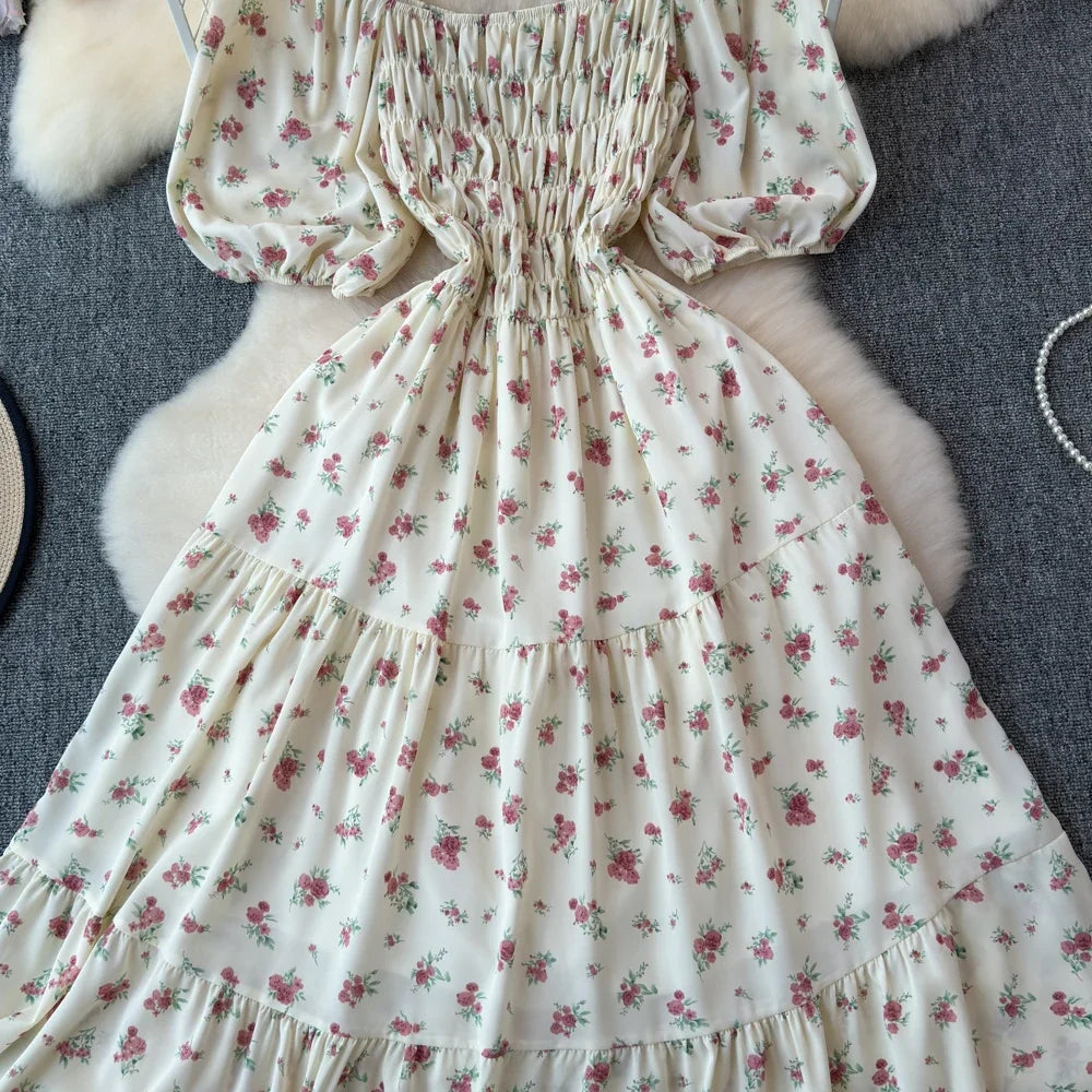 2024 New Summer Flower Print Long Dress Women Vintage Square Neck Ruched Chest Sash Bandage Sundress Party Vestidos