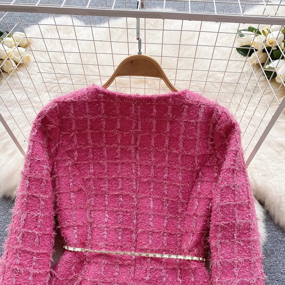 Modphy Autumn Fashion Rose Red Woolen Two Piece Set Women Golden Button Chain Belt Tweed Short Jacket Coat+Split Midi Skirt Suit