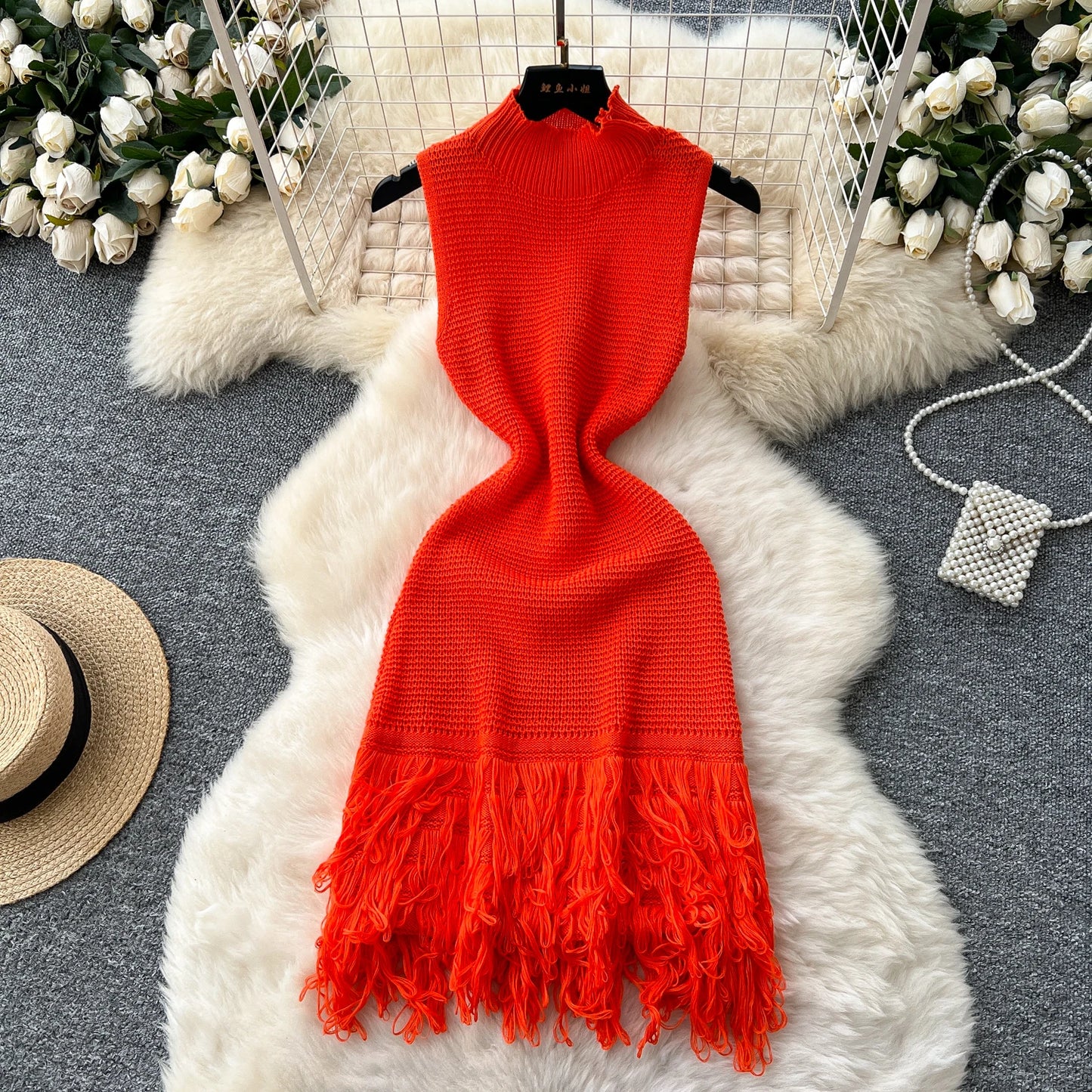 Chic Elastic Knit tassel O Neck Women Elegant Korean Fashion Vestidos Summer A-line Wrap mini dress
