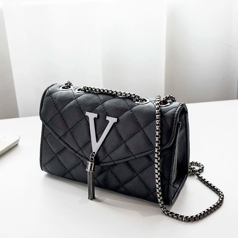 Black Luxury Handbags And Purse Women PU Leather Messenger Shoulder Bag Plaid Female Crossbody Bag Tassel Quilted  Brand