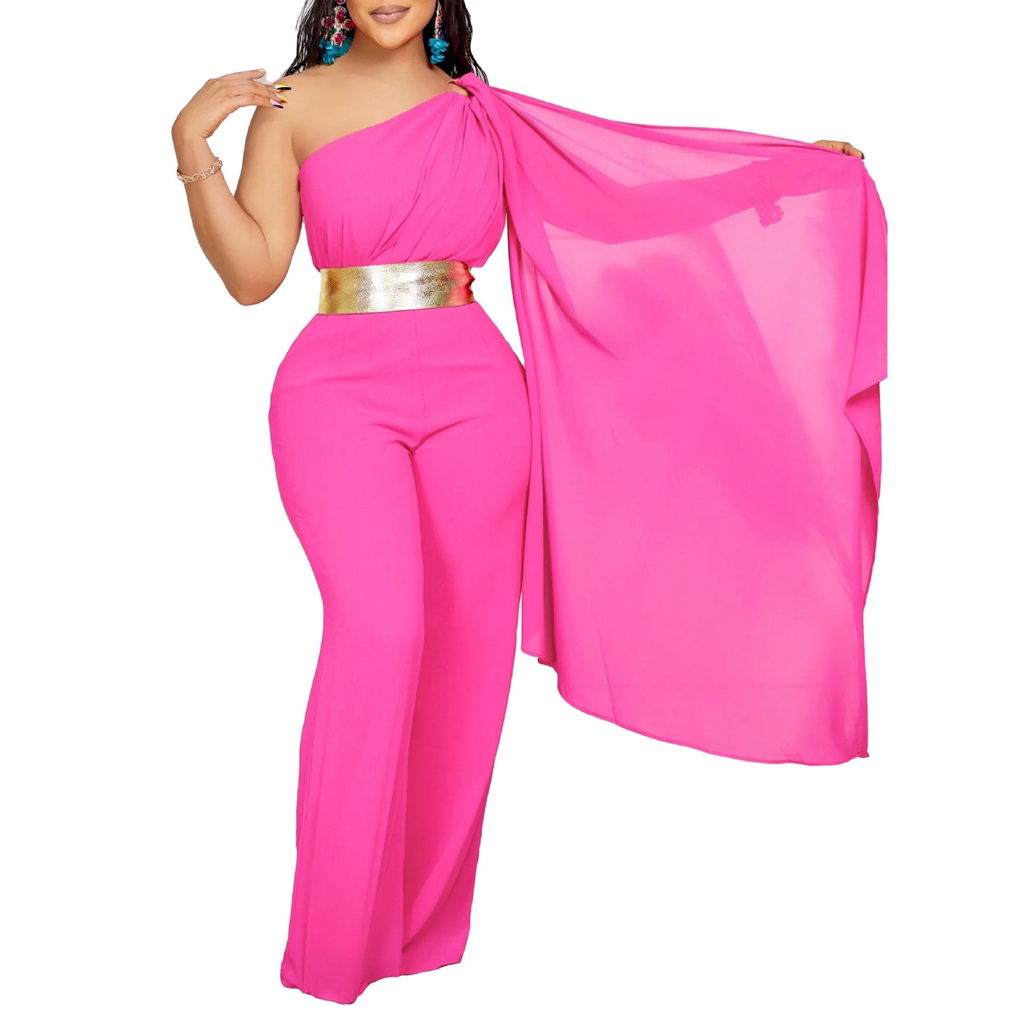Elegant Jumpsuits & Rompers for Woman One Shoulder Flying Sleeve High Waisted Luxury Birthday Party Dinner Outfits Overalls 2024