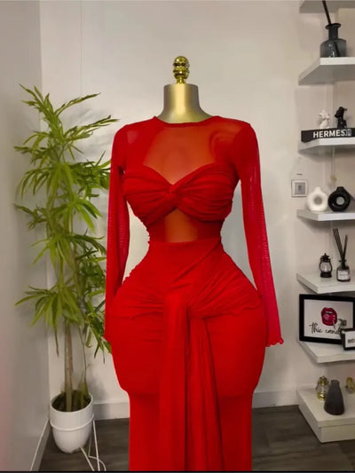 New Women's Long Dresses Sexy Round Neck Full Sleeve High Waist Elegant Splice Bodycon Evening Vestidos Maxi Party Night Dress