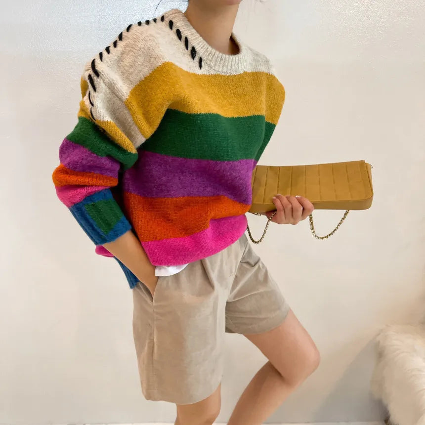 Chic Vintage Contrast Oversized Sueter Fairy Grunge Pullover O Neck Rainbow Sweaters Winter Striped Knitting Sweater Women