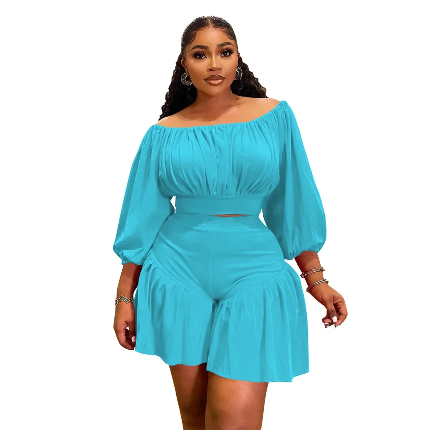 Customized Plus Size Women's Set Long Sleeve Slash Neck T-Shirt and Shorts 2025 Summer Ruched Two 2 Piece Set Outfits Tracksuit