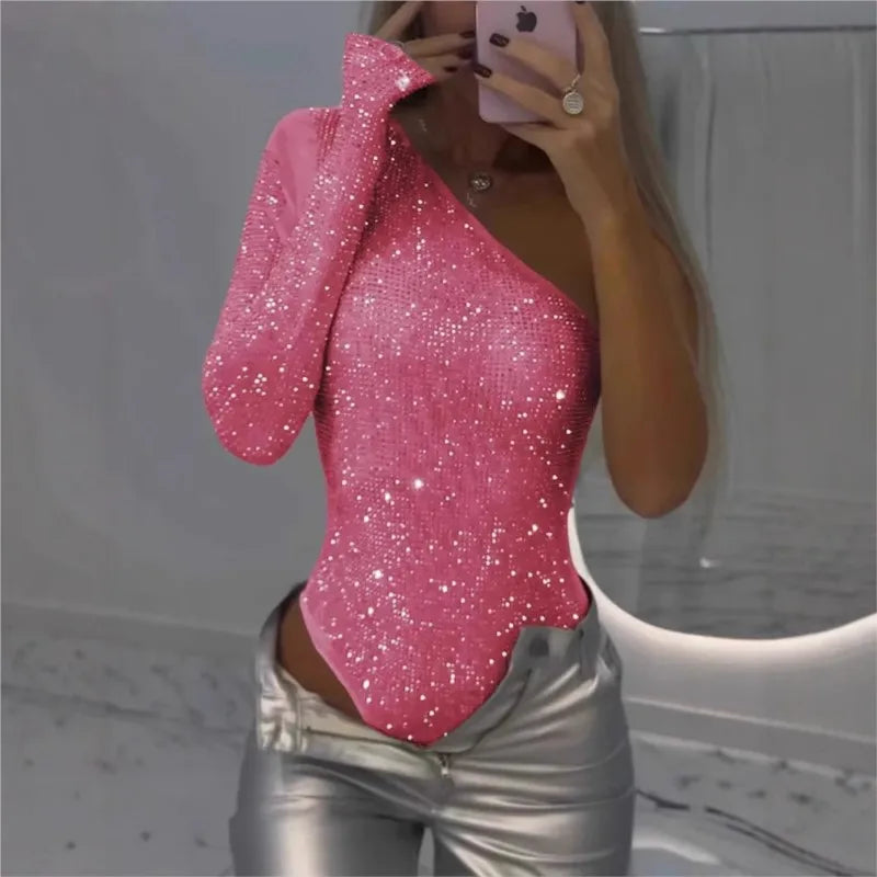 2025 Spice Girls Sexy Sequin Top One-Shoulder Tight Rhinrhinone Solid Color Silver One-Piece Fashion Party Nightclub Summer Top