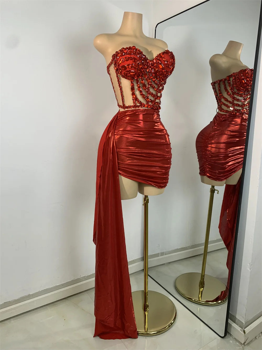 Sparkly Red Diamonds Asymmetrical Two Pieces Dress Design 2025 Women Sexy Strapless Top Skirt Suits Dance Performance Outfit