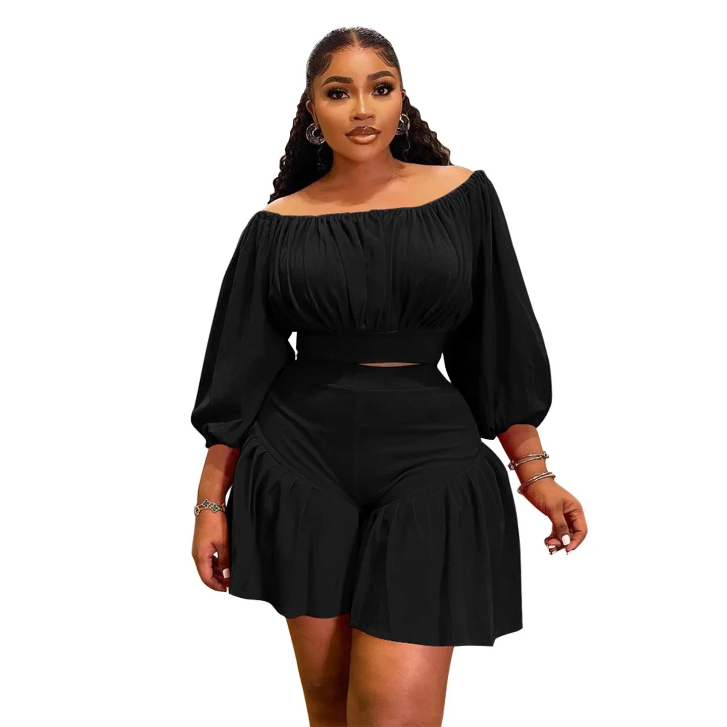 Customized Plus Size Women's Set Long Sleeve Slash Neck T-Shirt and Shorts 2025 Summer Ruched Two 2 Piece Set Outfits Tracksuit