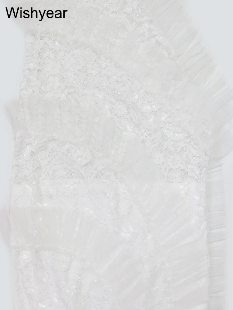 Sexy Two 2 Piece Sets Night Club Outfits for Women White Lace See Through Sleeveless Strapless Top and Ruffles Long Skirts Suit