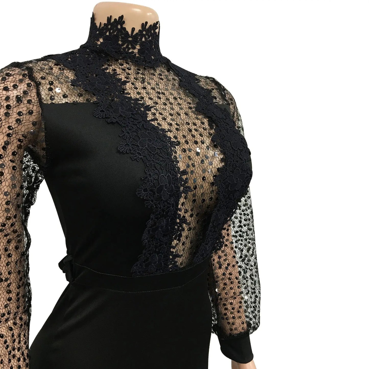 Fashion Women's Clothing Hollow Long-sleeved Loose Wide Leg Jumpsuits Overall Pants Solid Color Sexy Lace