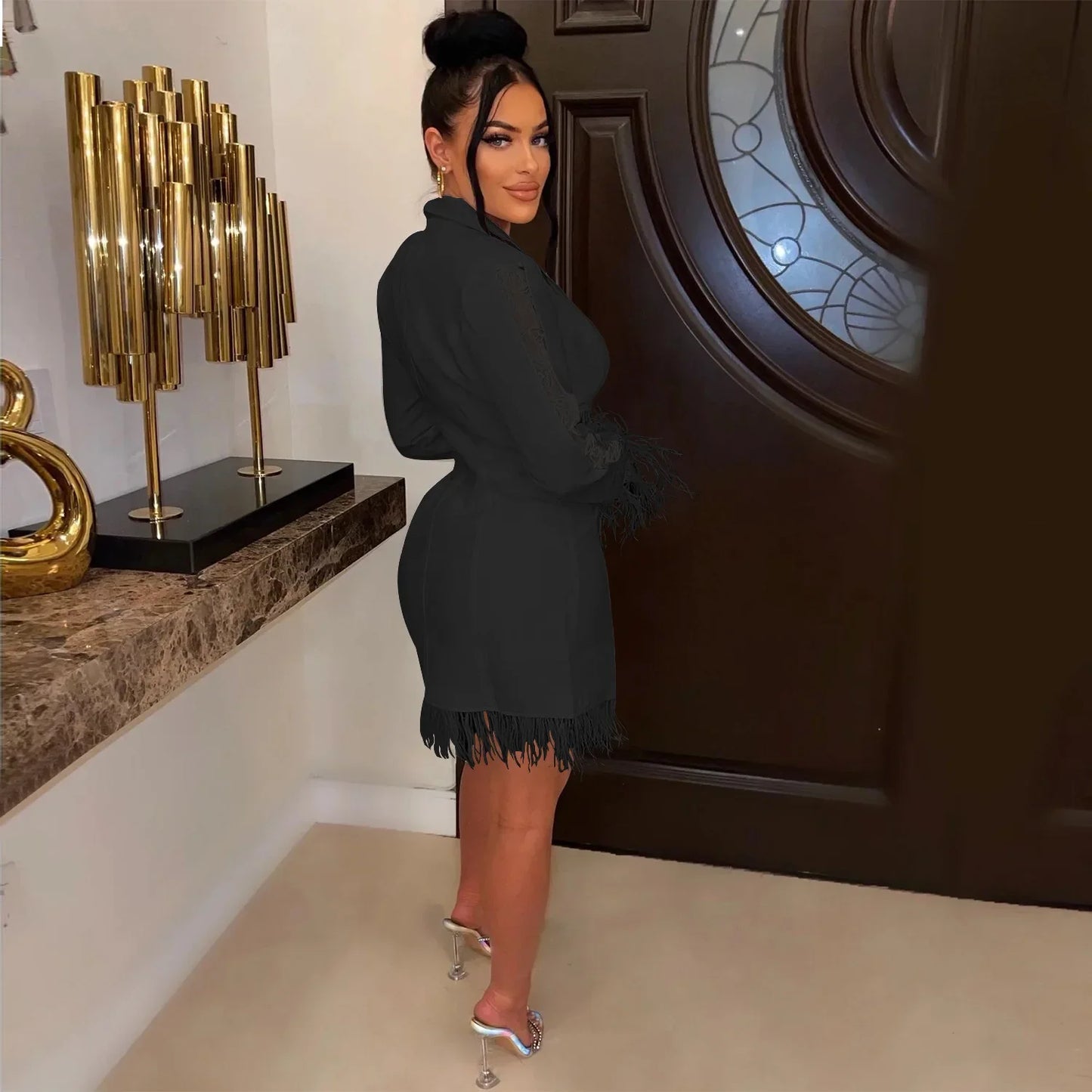 FANAN Elegant Women Double Breasted Tassel Hem and Long Sleeve Notched Collar Lace Waist Patchwork Blazer Dress Vestidos 2022