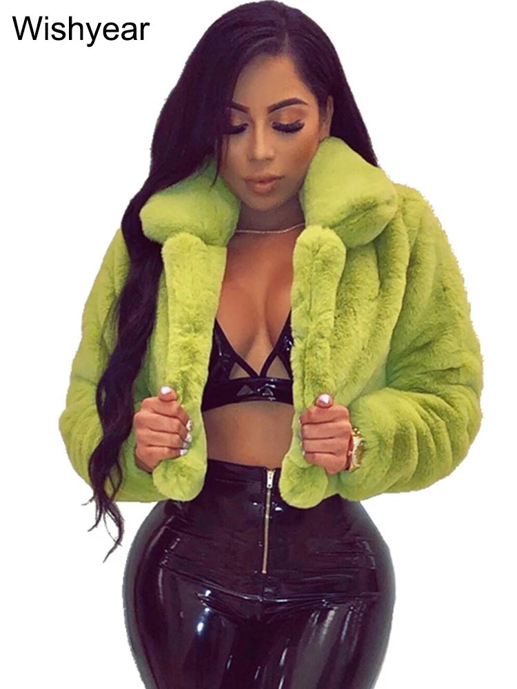 Fashion Faux Fur Open Stitch Lapel Crop Jackets Women Clothing Autumn Winter Solid Long Sleeve Warm Furry Fluffy Coat Outer Wear
