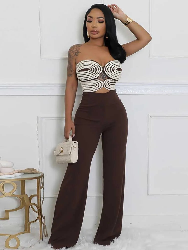 Women Summer Strapless Jumpsuit Sexy One Piece Outfits Cut Out Waist Party Jumpsuit Clothing Lady Full Length Backless Jumpsuits