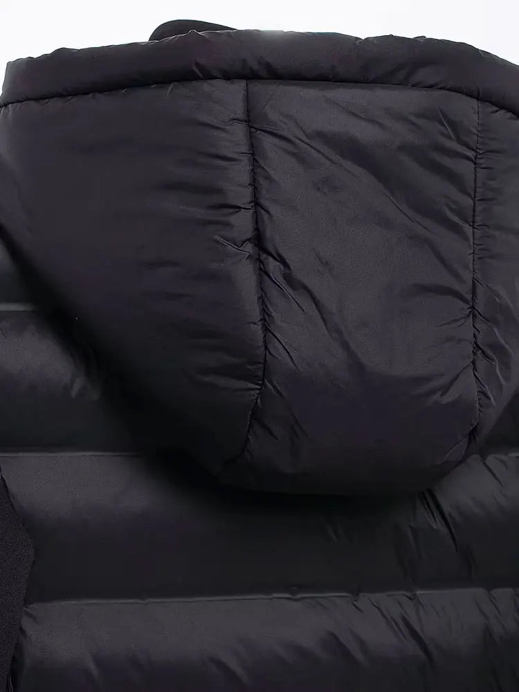 Hooded Patchwork Padded Jacket Coat with Pockets for Women, Long Sleeve, Front Zipper, Female Outerwear, Chic Tops, Fashion