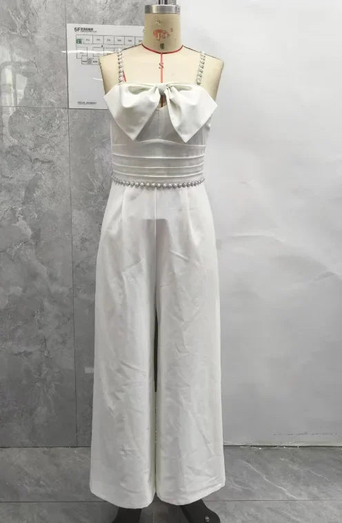 Spring New Jumpsuit Women Bandeau Beaded Spaghetti Strap Bowknot Design Ruched Slim Fit Elegant Wide-Leg Overall Female Jumpsuit