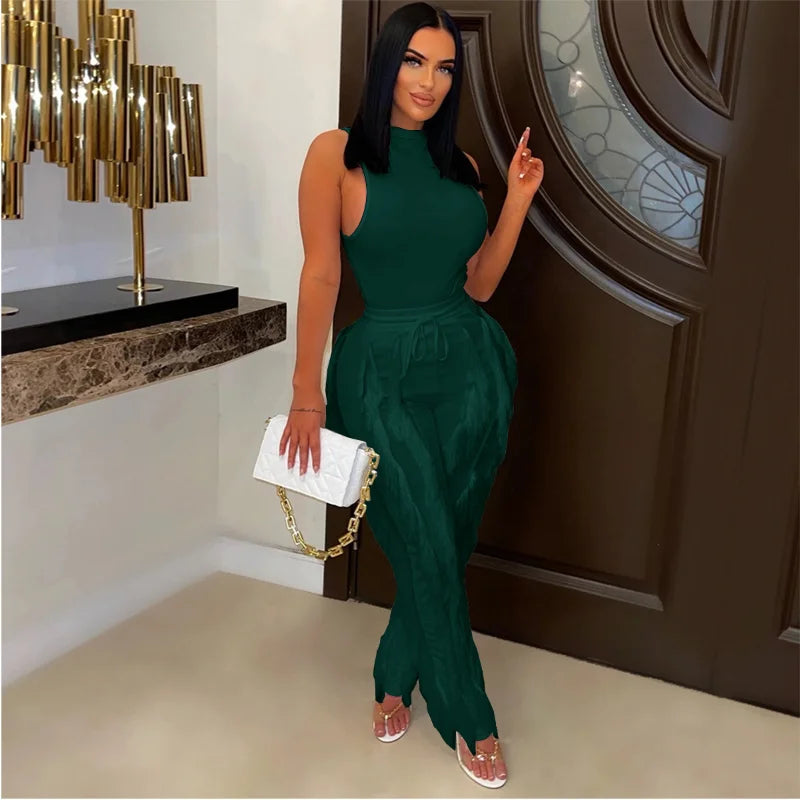 Solid Tank Pants Tassel Two Piece Sets Women Fashion Sleeveless Bodysuits Top Drawstring High Waist Fringed Wide Leg Trousers